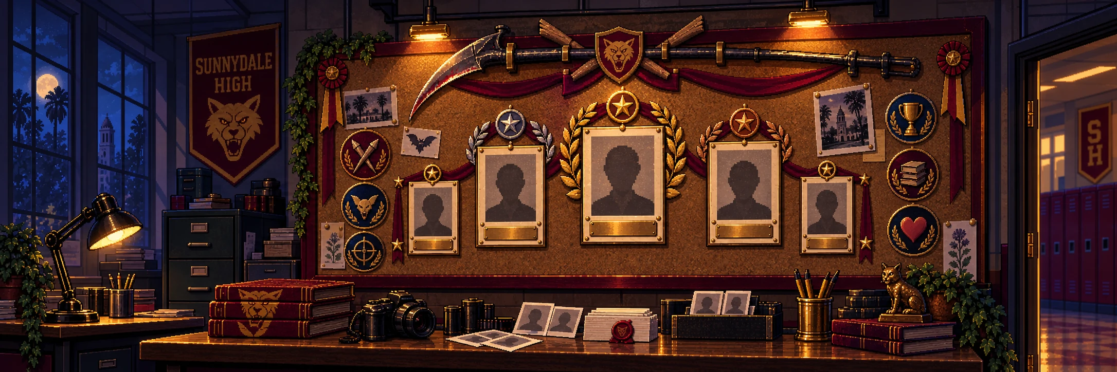 A Sunnydale High noticeboard of framed portraits under a crest and crossed weapons, the top frames still empty silhouettes, badges and pennants around them, a desk lamp lighting the books below.